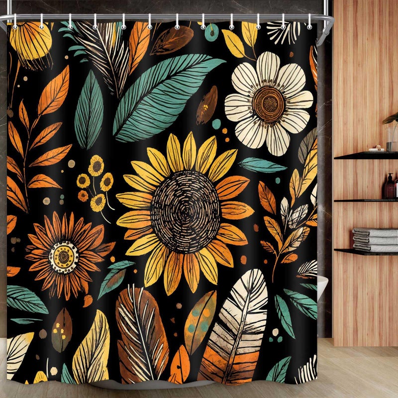 Drgilau Boho Floral Shower Curtain Vintage Floral Shower Curtain for Bathroom  Farmhouse Flowers Bathroom Curtains Waterproof Rustic Sunflower Bathroom Set Decor with 12 Hooks  Black-7 72X72 Inch - Image 1