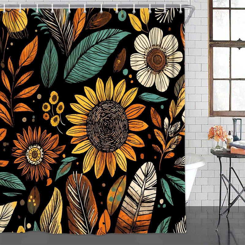 Drgilau Boho Floral Shower Curtain Vintage Floral Shower Curtain for Bathroom  Farmhouse Flowers Bathroom Curtains Waterproof Rustic Sunflower Bathroom Set Decor with 12 Hooks  Black-7 72X72 Inch - Image 2