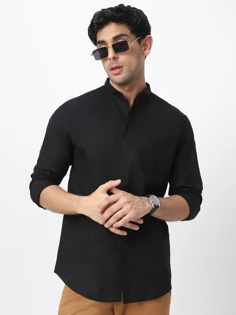 أوربانو فاشن Urbano Fashion Men's Black Cotton Full Sleeve Regular Fit Casual Solid Shirt with Band Collar
