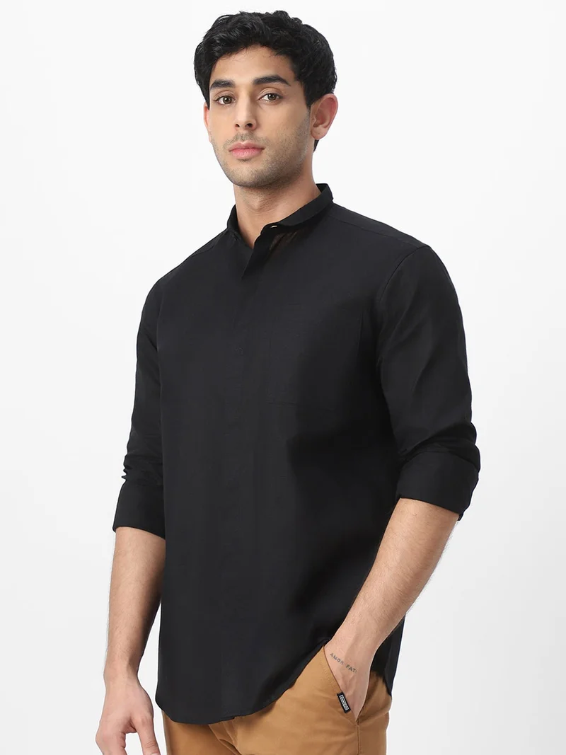 أوربانو فاشن Urbano Fashion Men's Black Cotton Full Sleeve Regular Fit Casual Solid Shirt with Band Collar