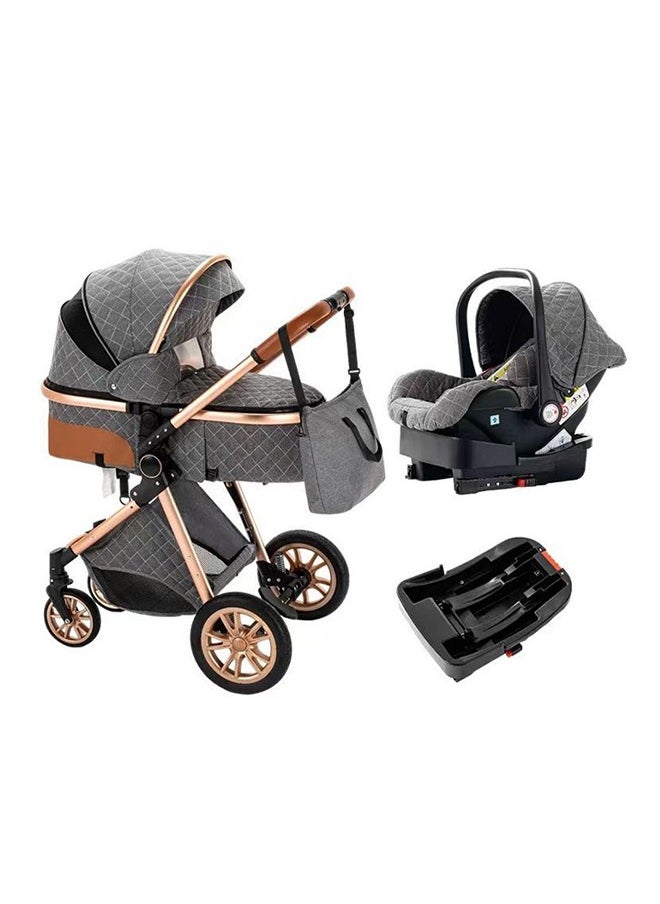 3 in 1 Baby Stroller Travel System, Reversible Newborn Foldable Pram, Infant High Landscape Pushchair, Portable Standard Stroller, Reclining Buggy, Baby Carriage (Grey  with Base) 