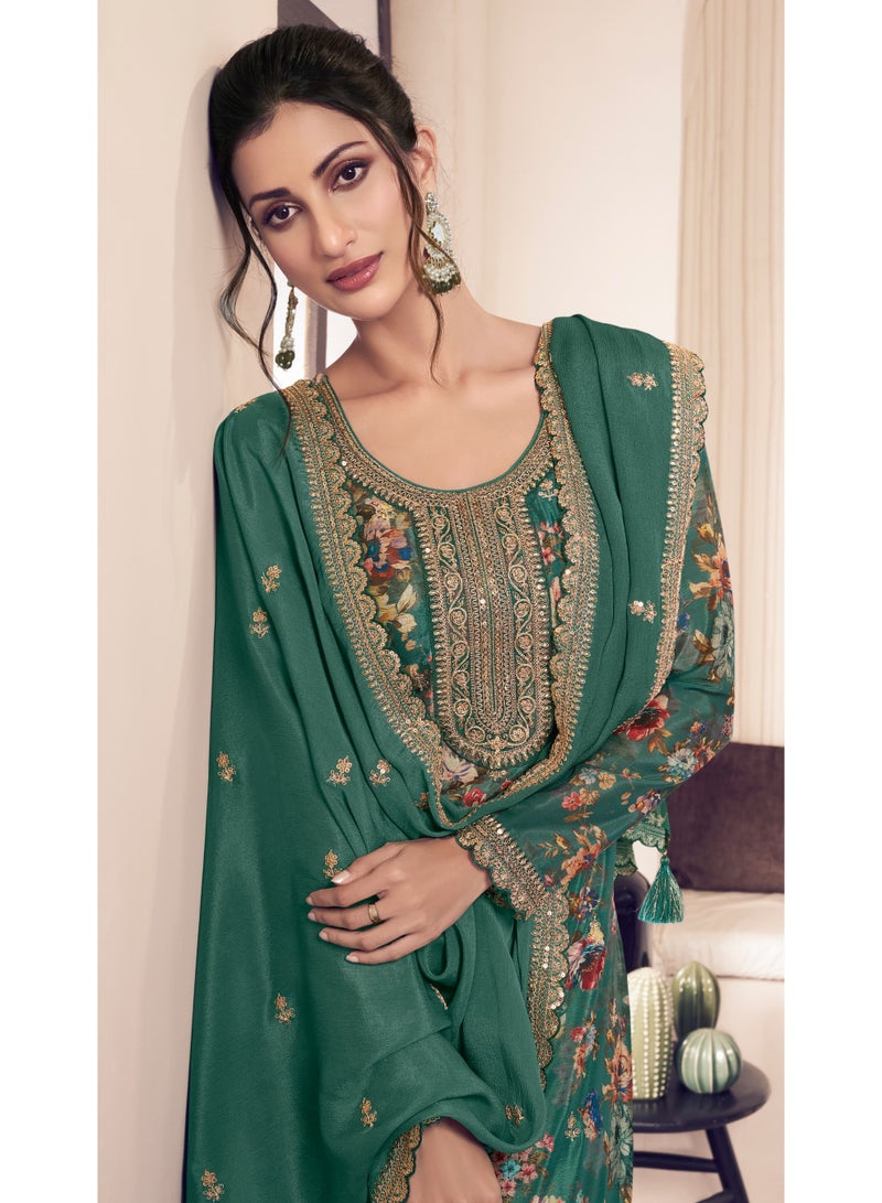 Super Asian Elegant Pure Chiffon Silk Digital Printed Suit Set with Embroidery Sequence Coding Work | Pant & Dupatta - Image 1