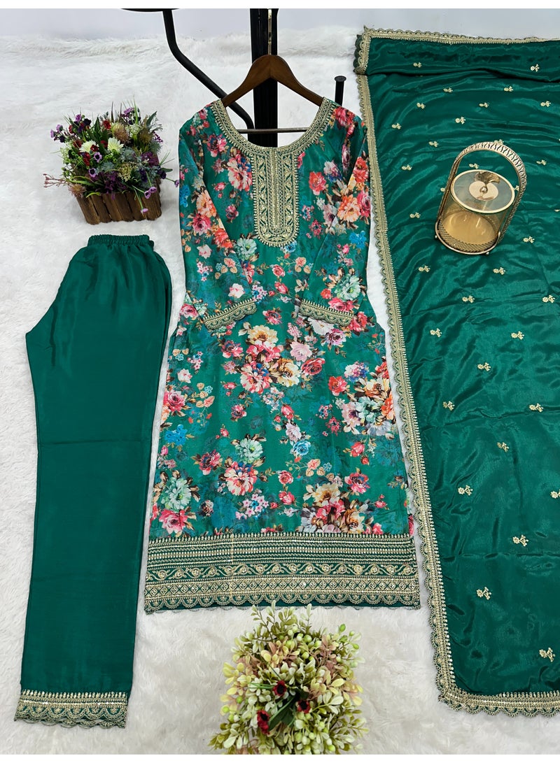 Super Asian Elegant Pure Chiffon Silk Digital Printed Suit Set with Embroidery Sequence Coding Work | Pant & Dupatta - Image 2