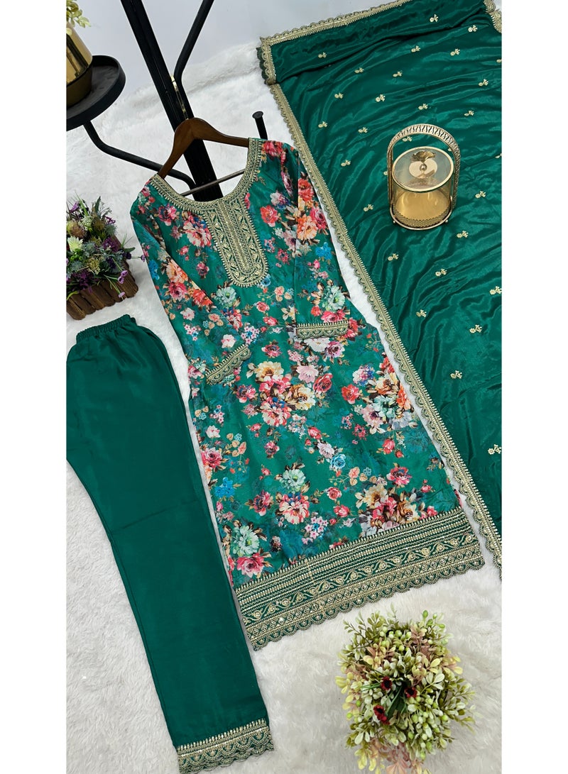 Super Asian Elegant Pure Chiffon Silk Digital Printed Suit Set with Embroidery Sequence Coding Work | Pant & Dupatta - Image 3