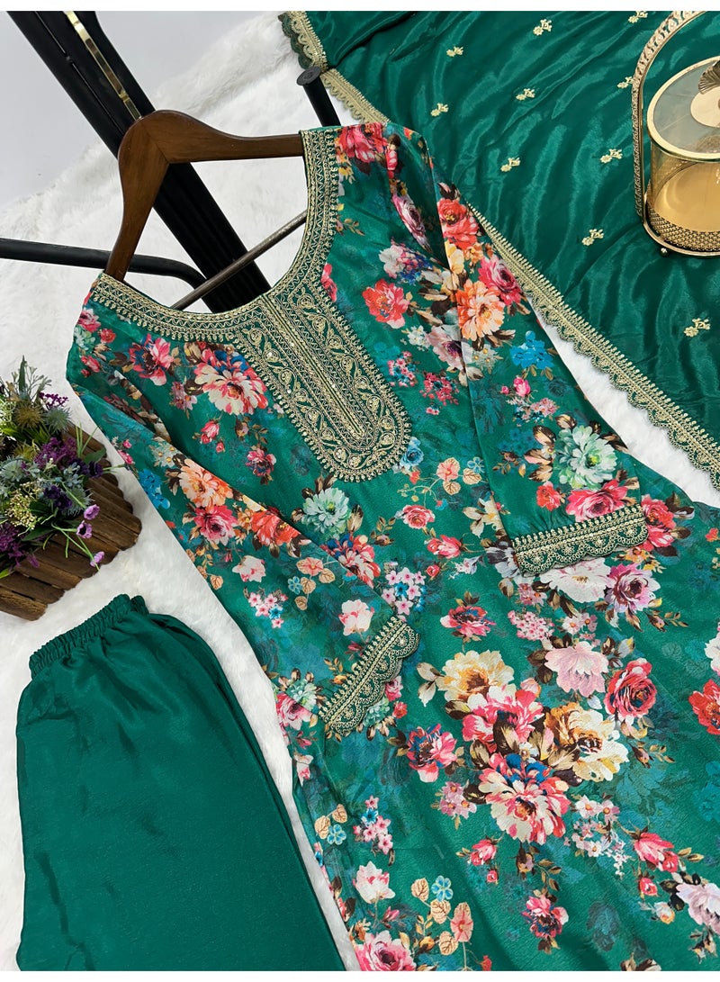 Super Asian Elegant Pure Chiffon Silk Digital Printed Suit Set with Embroidery Sequence Coding Work | Pant & Dupatta - Image 4