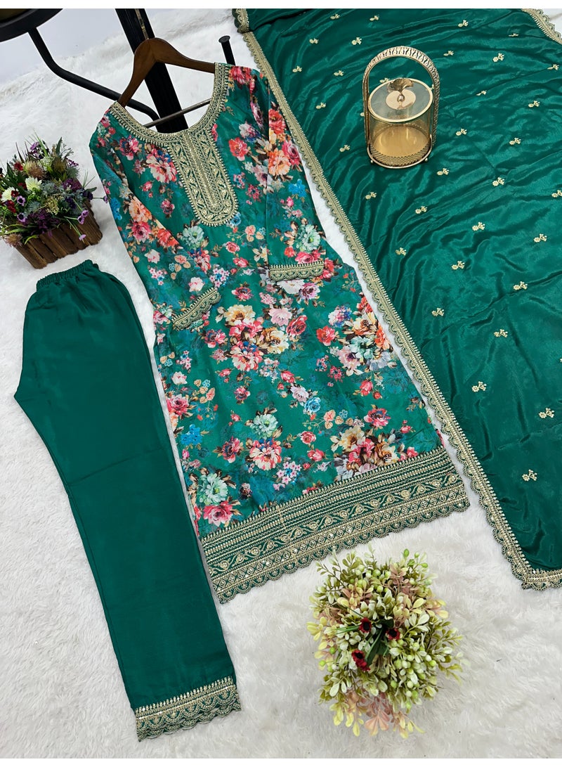 Super Asian Elegant Pure Chiffon Silk Digital Printed Suit Set with Embroidery Sequence Coding Work | Pant & Dupatta - Image 5