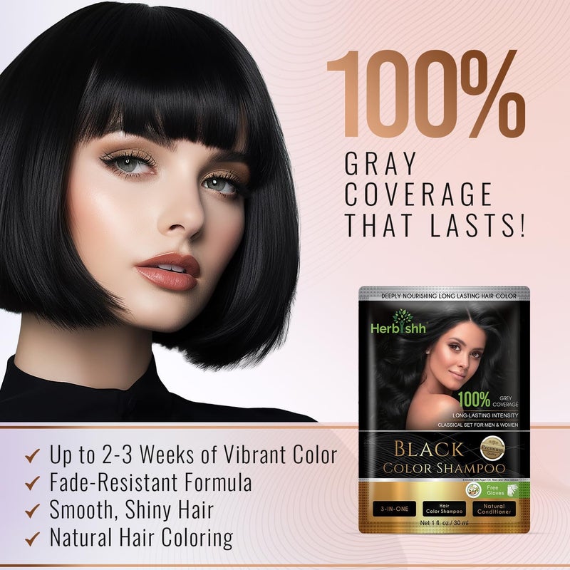 Herbishh Hair Color Shampoo For Gray Hair Dye Shampoo With Argan Hair Mask Travel Size-Colors Hair In Minutes Long Lasting Colour 30 ml x 10Pack Ammonia-Free (Black) - Image 2