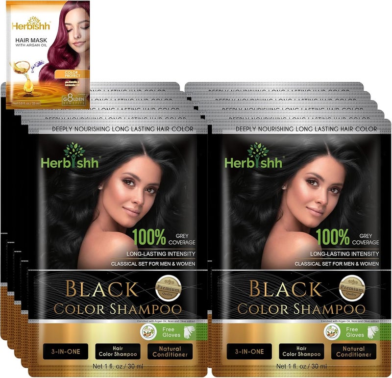 Herbishh Hair Color Shampoo For Gray Hair Dye Shampoo With Argan Hair Mask Travel Size-Colors Hair In Minutes Long Lasting Colour 30 ml x 10Pack Ammonia-Free (Black) - Image 1