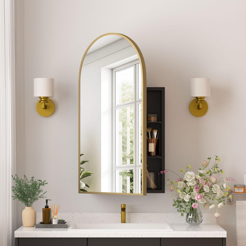 YTSMIR Medicine Cabinets for Bathroom, Brush Gold Arched Medicine Cabinet Recessed or Surface Wall-Mounted,Modern Bathroom Vanity Mirror with Storage, Mirrored Cabinet with Adjustable Shelves,16x31 Inch - Image 1