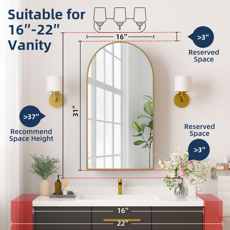 YTSMIR Medicine Cabinets for Bathroom, Brush Gold Arched Medicine Cabinet Recessed or Surface Wall-Mounted,Modern Bathroom Vanity Mirror with Storage, Mirrored Cabinet with Adjustable Shelves,16x31 Inch - Image 2
