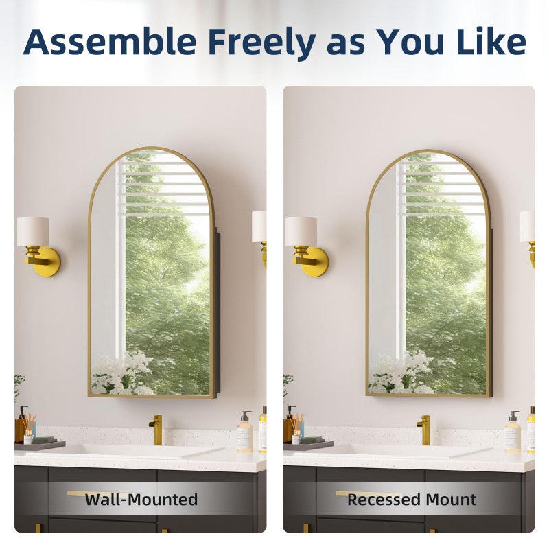YTSMIR Medicine Cabinets for Bathroom, Brush Gold Arched Medicine Cabinet Recessed or Surface Wall-Mounted,Modern Bathroom Vanity Mirror with Storage, Mirrored Cabinet with Adjustable Shelves,16x31 Inch - Image 3