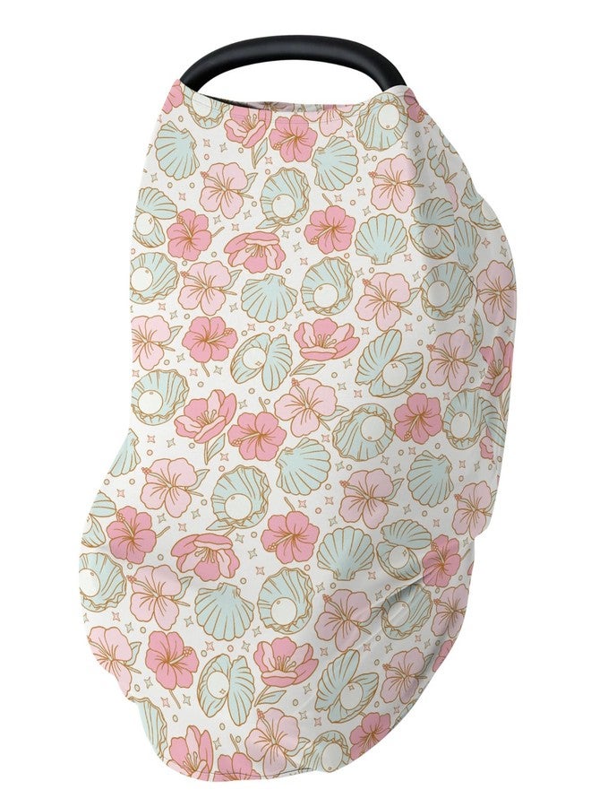 ZoUbqchY Boho Summer Mermaids Floral Car Seat Cover for Baby Beach Seashells Conch Tropical Flowers Stretchy 5-in-1 Cover Adjustable Infant Carseat Cover Canopy Ocean Marine Breathable Nursing Cover-Up - Image 1
