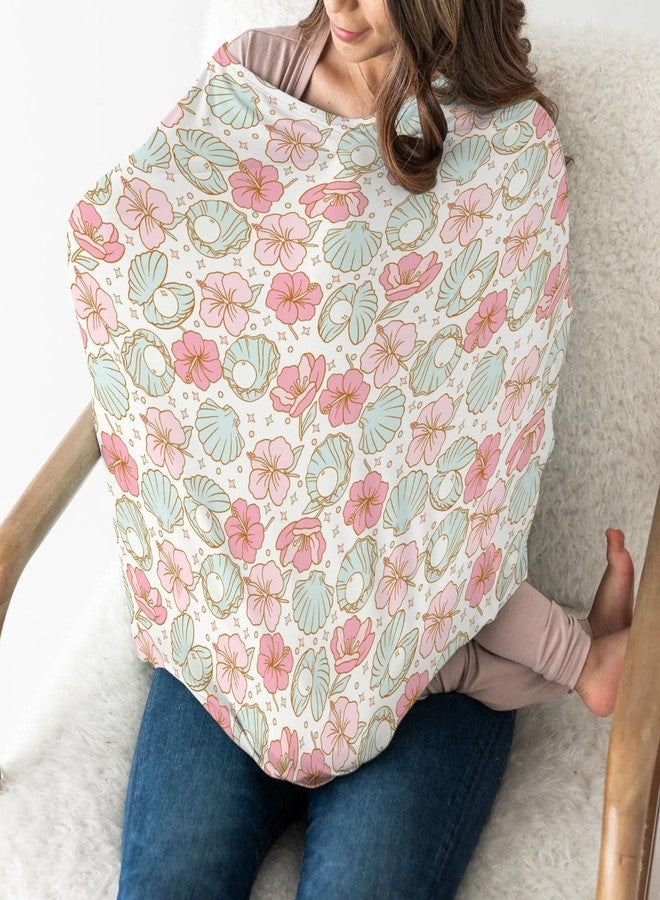 ZoUbqchY Boho Summer Mermaids Floral Car Seat Cover for Baby Beach Seashells Conch Tropical Flowers Stretchy 5-in-1 Cover Adjustable Infant Carseat Cover Canopy Ocean Marine Breathable Nursing Cover-Up - Image 3