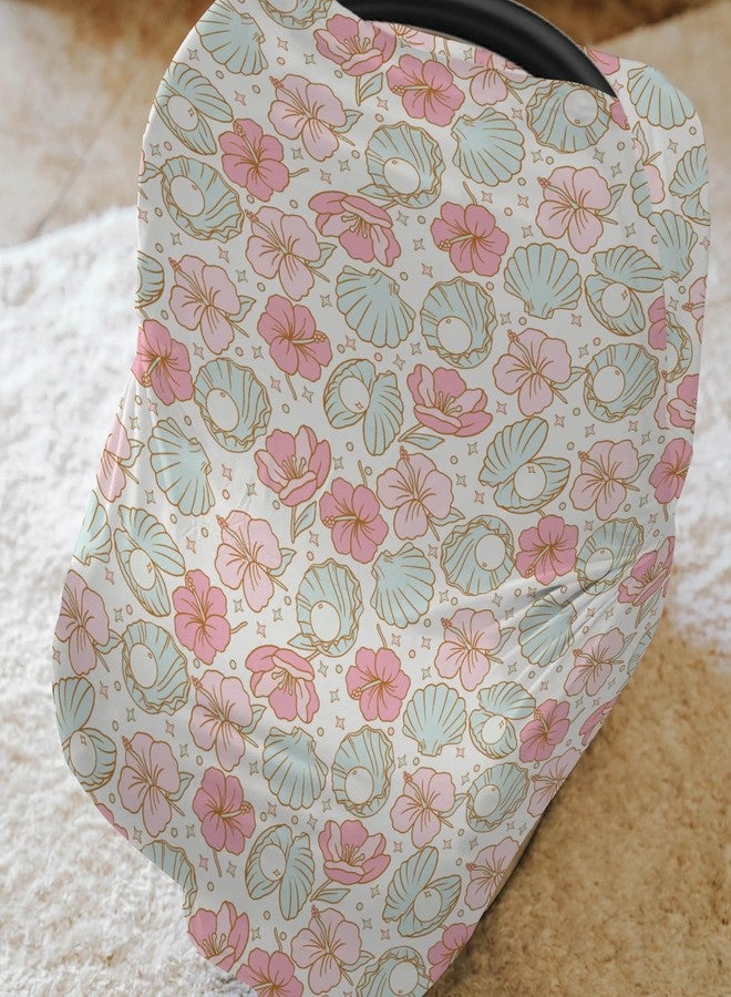 ZoUbqchY Boho Summer Mermaids Floral Car Seat Cover for Baby Beach Seashells Conch Tropical Flowers Stretchy 5-in-1 Cover Adjustable Infant Carseat Cover Canopy Ocean Marine Breathable Nursing Cover-Up - Image 2