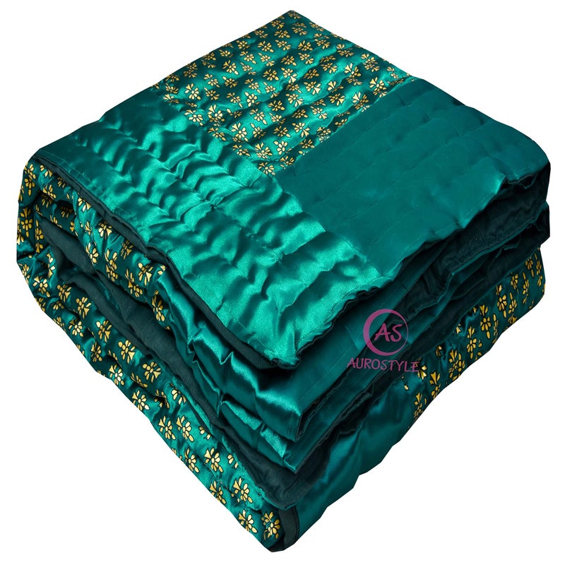 AUROSTYLE Cotton Filled Light Weight Silk Jaipuri AC Quilt/Razai Over All Over Printed with Gold Print Jaipuri Quilts/Razai (85x55 Inch, Rama Green Butti Print, Single Bed) - Image 1