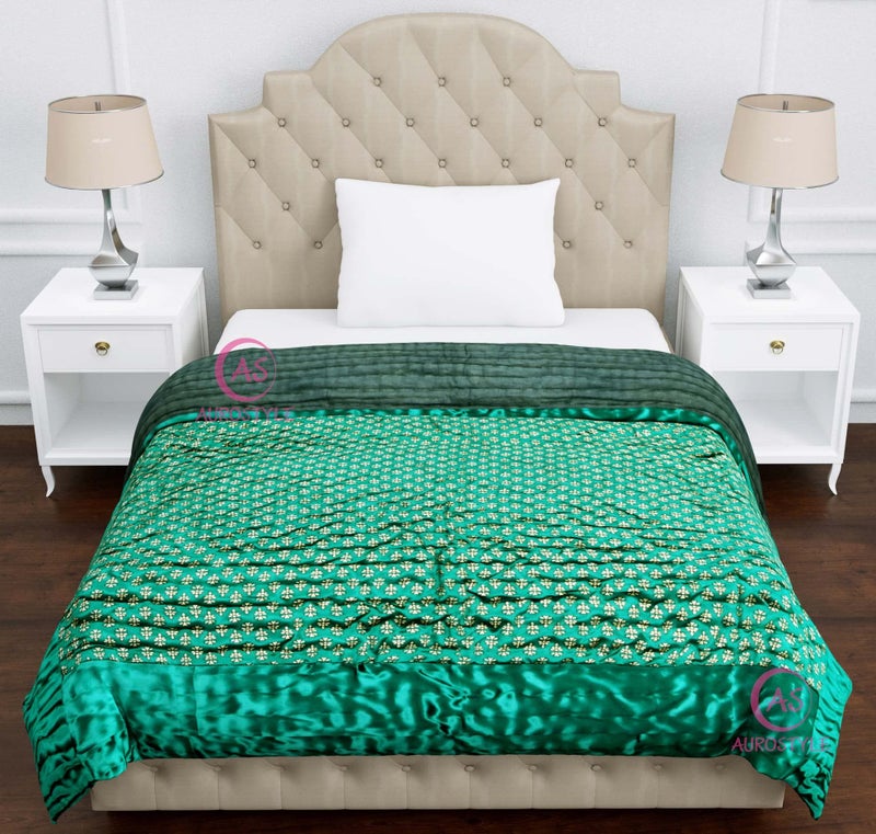 AUROSTYLE Cotton Filled Light Weight Silk Jaipuri AC Quilt/Razai Over All Over Printed with Gold Print Jaipuri Quilts/Razai (85x55 Inch, Rama Green Butti Print, Single Bed) - Image 5