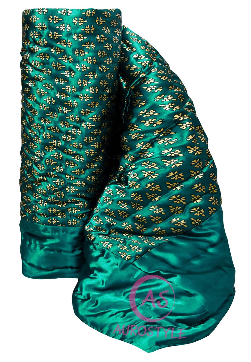 AUROSTYLE Cotton Filled Light Weight Silk Jaipuri AC Quilt/Razai Over All Over Printed with Gold Print Jaipuri Quilts/Razai (85x55 Inch, Rama Green Butti Print, Single Bed) - Image 2