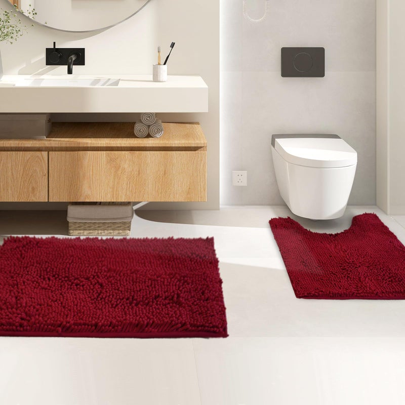 Flotstiga Bathroom Rugs Sets 2 Piece Super Absorbent Soft Thick Machine Washable Chenille Bathroom Mat Non Slip Toilet Floor Rug Bath Mats for Bathroom 20x32 Plus 20x20 U Shape Burgundy - Image 1