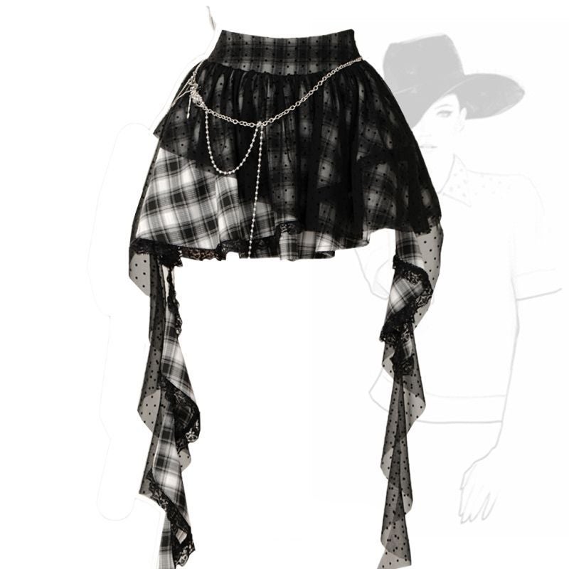 kellykitty Ghost Horse Girl Black Plaid Dot Skirt Womens Summer Mesh Short Skirt Irregular Pouch Skirt Black 8008 
