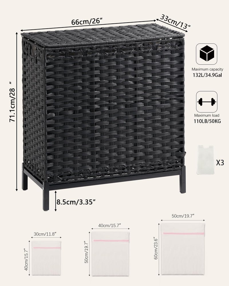 SETVSON Laundry Hamper with Lid 132 L, (35 Gallons) Clothes Hamper with Lid, Handwoven Rattan Laundry Hamper with Metal Heightened Feet, Laundry Hampers with 3 Removable Liner Bags for Laundry-Black - Image 5