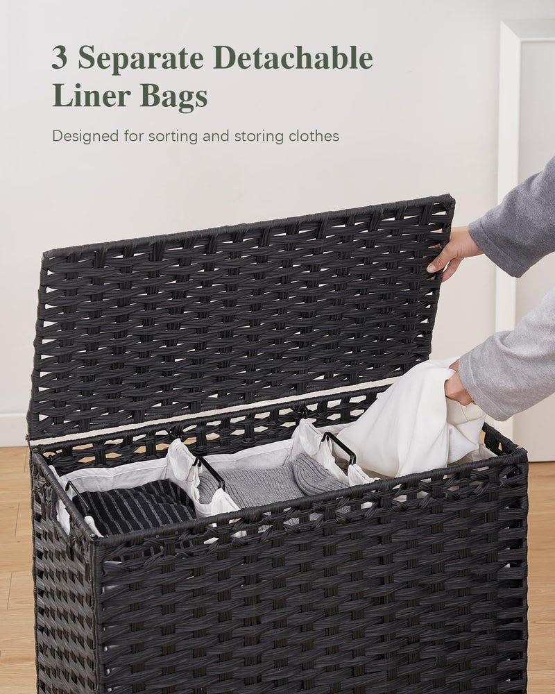 SETVSON Laundry Hamper with Lid 132 L, (35 Gallons) Clothes Hamper with Lid, Handwoven Rattan Laundry Hamper with Metal Heightened Feet, Laundry Hampers with 3 Removable Liner Bags for Laundry-Black - Image 3