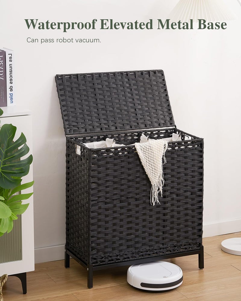 SETVSON Laundry Hamper with Lid 132 L, (35 Gallons) Clothes Hamper with Lid, Handwoven Rattan Laundry Hamper with Metal Heightened Feet, Laundry Hampers with 3 Removable Liner Bags for Laundry-Black - Image 2