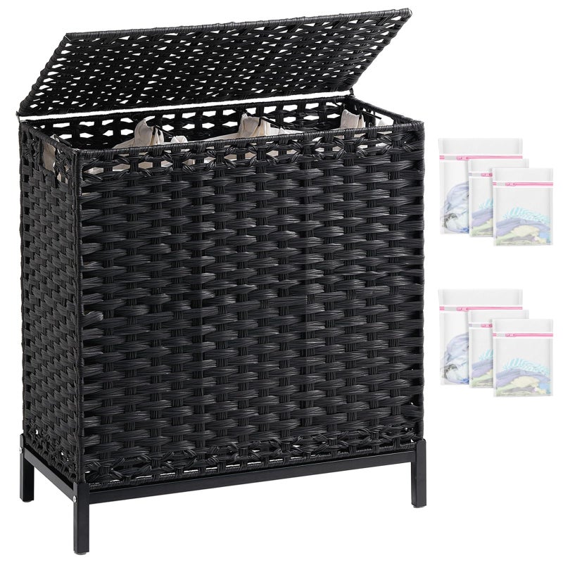 SETVSON Laundry Hamper with Lid 132 L, (35 Gallons) Clothes Hamper with Lid, Handwoven Rattan Laundry Hamper with Metal Heightened Feet, Laundry Hampers with 3 Removable Liner Bags for Laundry-Black - Image 1