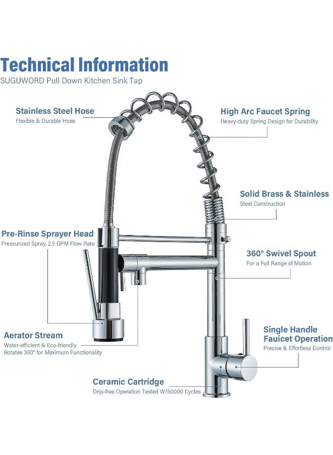 Suguword  Kitchen Sink Mixer Tap Chrome Brass 360 Degree Rotation Single Hole With Pull Out Spray Kitchen Sink Taps  - Image 4