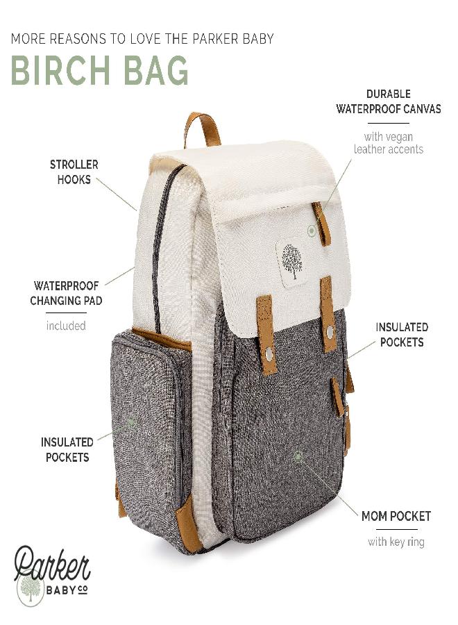 Parker Baby Co. Parker Baby Diaper Backpack - Large Diaper Bag with Insulated Pockets, Stroller Straps and Changing Pad -"Birch Bag" - Cream  - Image 2