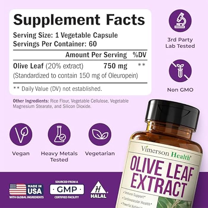 Vimerson Health Olive Leaf Extract Capsules – 750 mg Standardized to 150 mg Oleuropein – Polyphenol Antioxidants for Cardiovascular Health and Immune Support Supplement – Vegan Herbal Supplements – 60 Capsules - Image 3