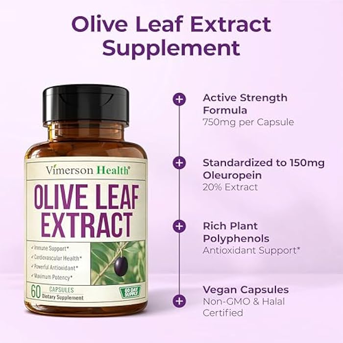 Vimerson Health Olive Leaf Extract Capsules – 750 mg Standardized to 150 mg Oleuropein – Polyphenol Antioxidants for Cardiovascular Health and Immune Support Supplement – Vegan Herbal Supplements – 60 Capsules - Image 5