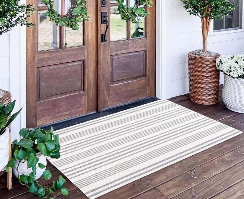 BUAGETUP Grey and White Outdoor Rug 24'' x 51''Striped Front Porch Rug Hand-Woven Machine Washable Layered Door Mats for Entryway/Bedroom/Outdoor - Image 1