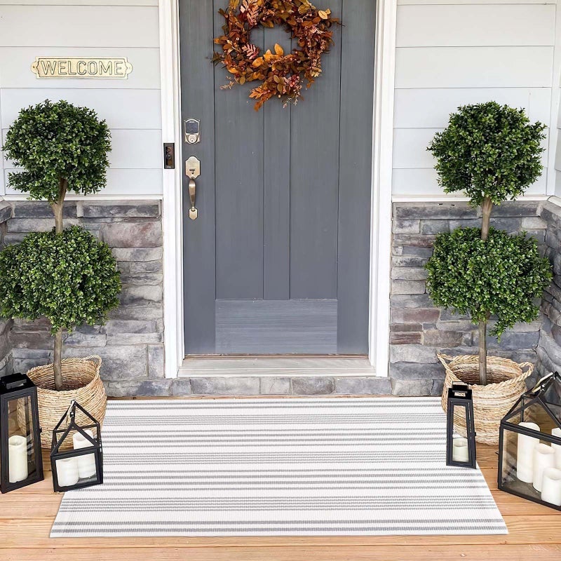 BUAGETUP Grey and White Outdoor Rug 24'' x 51''Striped Front Porch Rug Hand-Woven Machine Washable Layered Door Mats for Entryway/Bedroom/Outdoor - Image 3