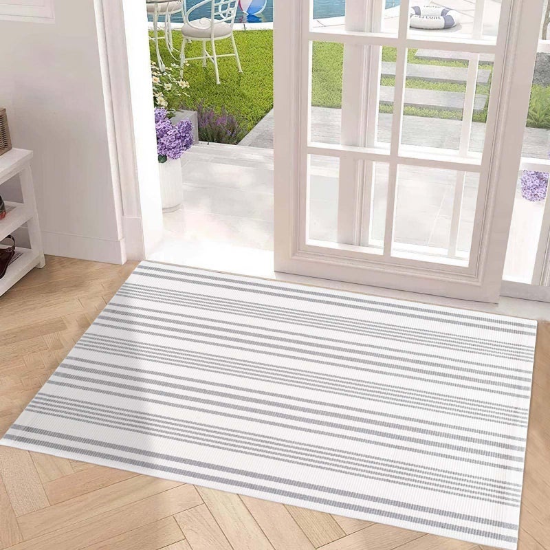 BUAGETUP Grey and White Outdoor Rug 24'' x 51''Striped Front Porch Rug Hand-Woven Machine Washable Layered Door Mats for Entryway/Bedroom/Outdoor - Image 5
