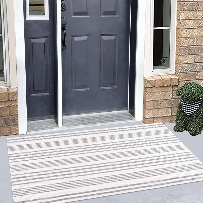 BUAGETUP Grey and White Outdoor Rug 24'' x 51''Striped Front Porch Rug Hand-Woven Machine Washable Layered Door Mats for Entryway/Bedroom/Outdoor - Image 4