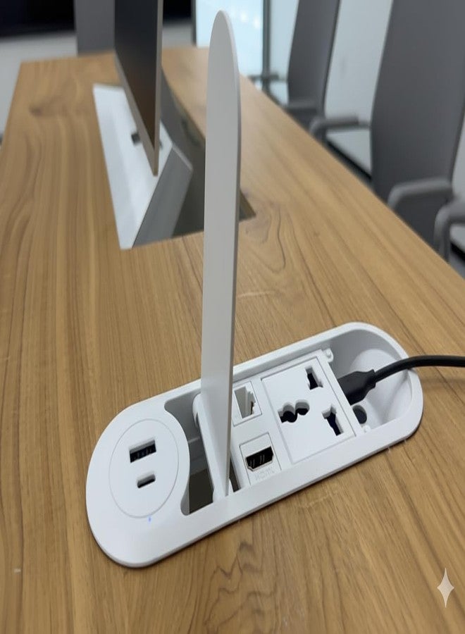 AUDIOVAN شريط طاقة مكتبي قابل للطي من أوديوفان، مزود بمنفذي USB ومنفذ HDMI ومنفذ LAN، غطاء أبيض قابل للطي، حل مثالي لإدارة الكابلات، 20×12×6 سم، مقبس 250 فولت، أبيض - Image 1