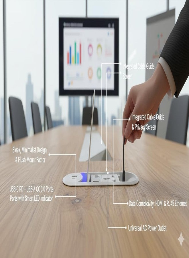 AUDIOVAN شريط طاقة مكتبي قابل للطي من أوديوفان، مزود بمنفذي USB ومنفذ HDMI ومنفذ LAN، غطاء أبيض قابل للطي، حل مثالي لإدارة الكابلات، 20×12×6 سم، مقبس 250 فولت، أبيض - Image 2