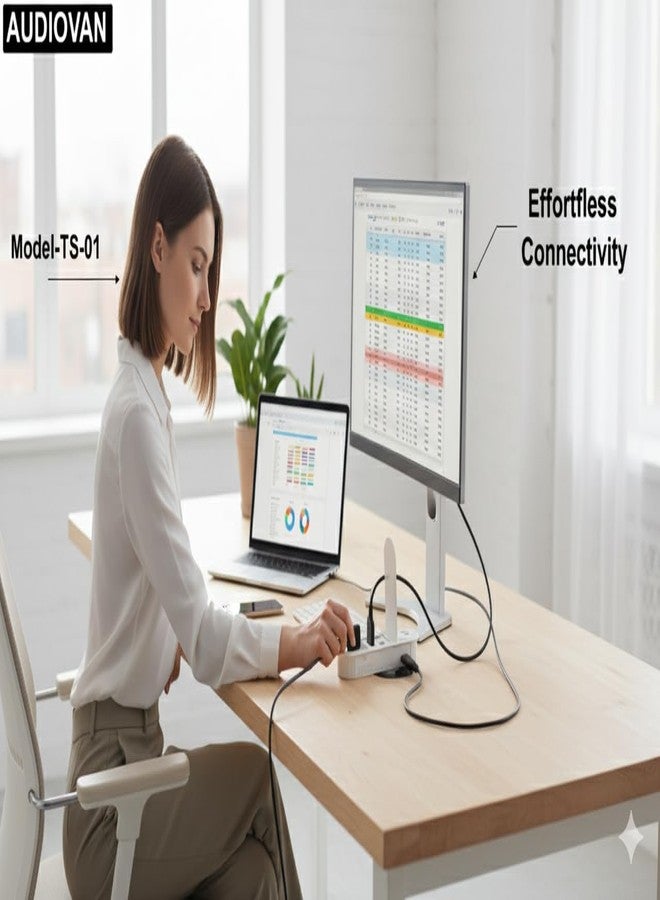 AUDIOVAN شريط طاقة مكتبي قابل للطي من أوديوفان، مزود بمنفذي USB ومنفذ HDMI ومنفذ LAN، غطاء أبيض قابل للطي، حل مثالي لإدارة الكابلات، 20×12×6 سم، مقبس 250 فولت، أبيض - Image 4