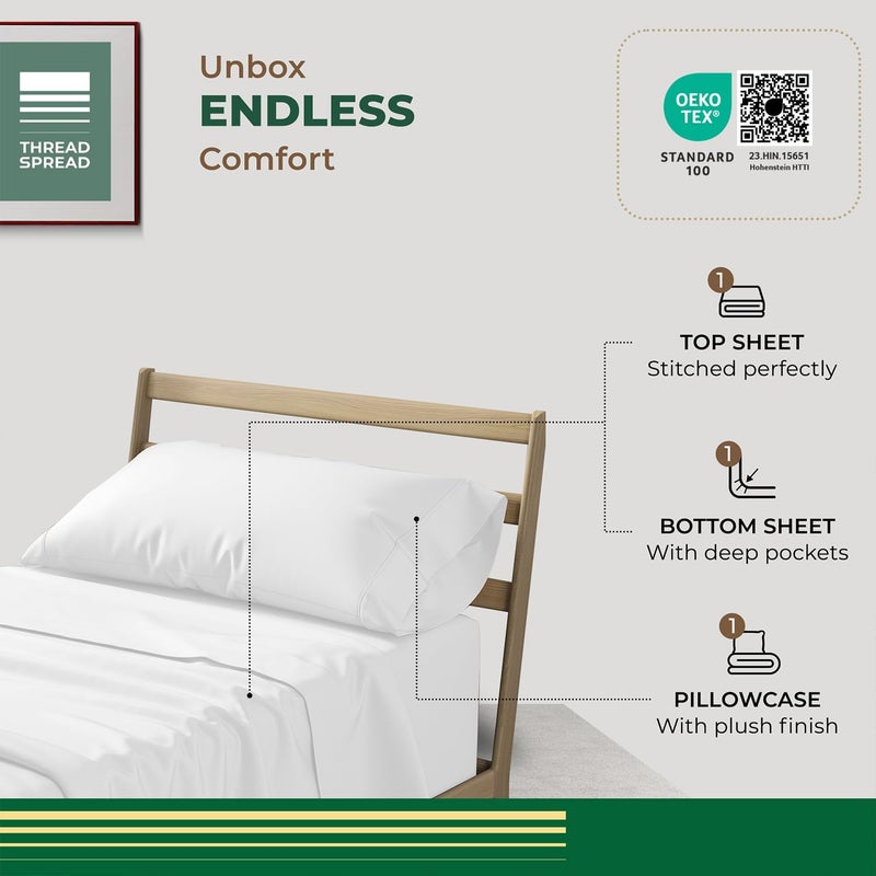 THREAD SPREAD 100% Organic Cotton Sheets Twin XL Size - 3 PC Organic Cotton Twin XL Size Percale Weave Sheet Set, Soft, Cooling, Crisp & Breathable, 16" Deep Pocket Bedding Set for Dorm Room - White - Image 3