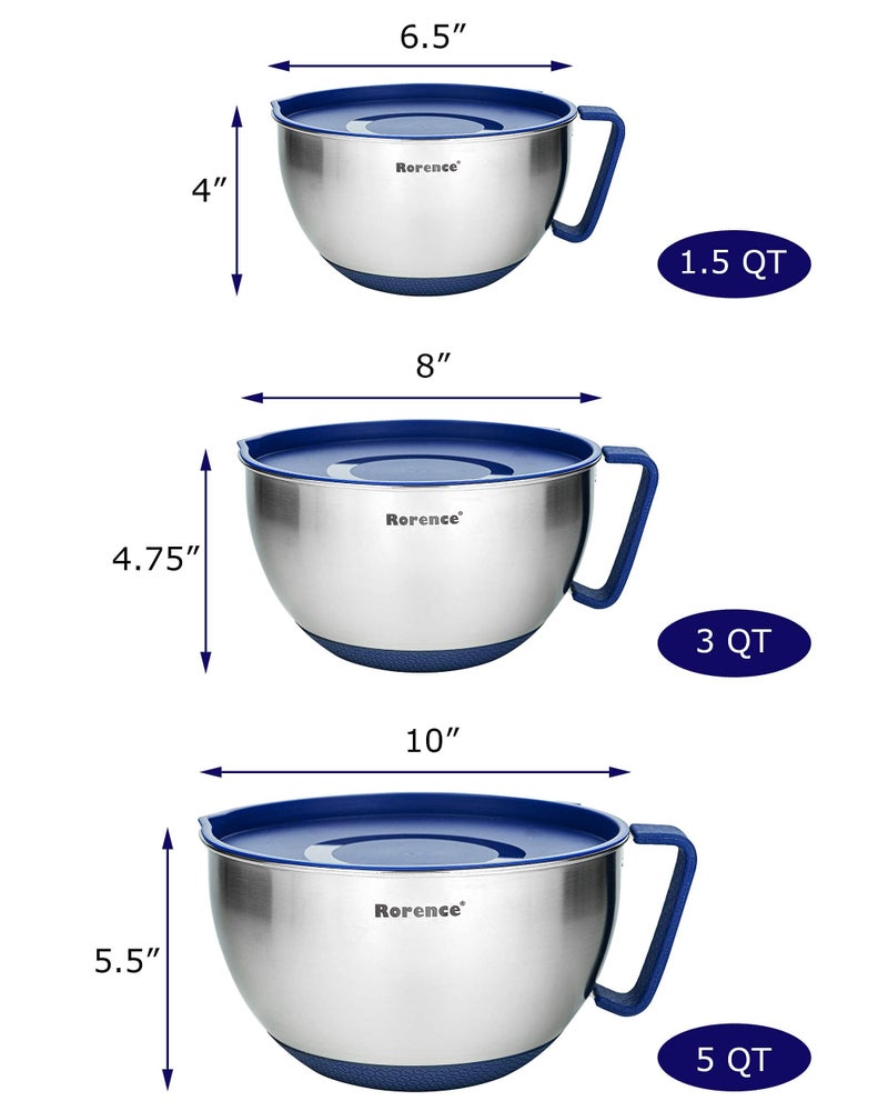Rorence Mixing Bowls Set: Stainless Steel Non-Slip Bowls with Pour Spout, Handle and Lid - Set of 3 - Blue - Image 2