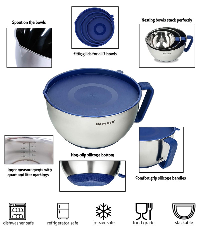 Rorence Mixing Bowls Set: Stainless Steel Non-Slip Bowls with Pour Spout, Handle and Lid - Set of 3 - Blue - Image 3