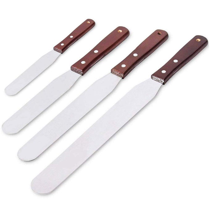 4PCS STRAIGHT CAKE ICING SPATULA SET 4 6 8 10 PROFESSIONAL STAINLESS STEEL CAKE DECORATING FROSTING SPATULAS WITH WOODEN HANDLE STRAIGHT