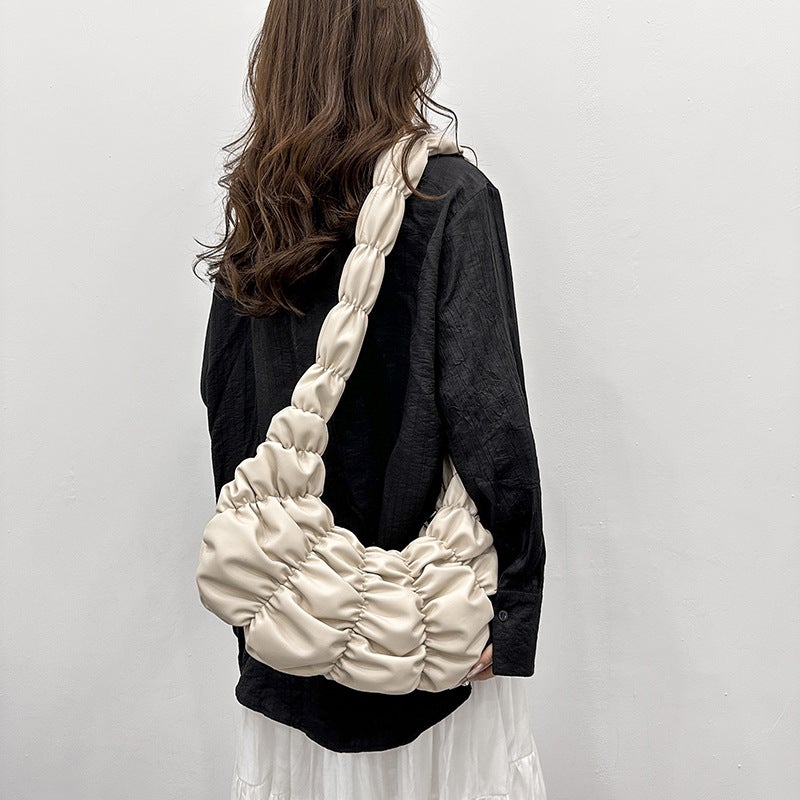 Croissant-Shaped Women's Shoulder Bag, Pleated Cloud Design - Image 1