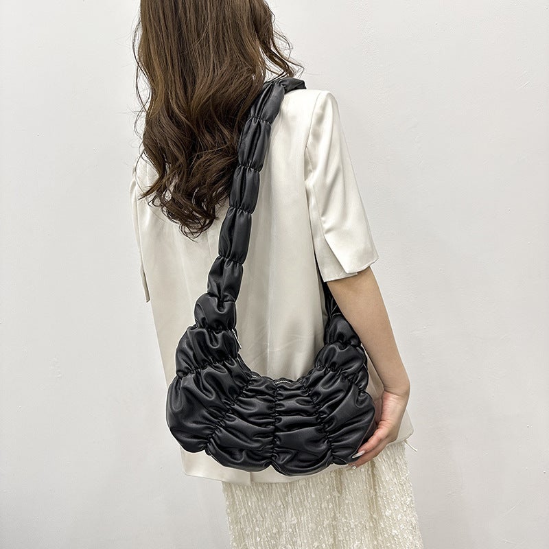 Croissant-Shaped Women's Shoulder Bag, Pleated Cloud Design - Image 2