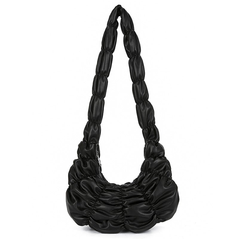 Croissant-Shaped Women's Shoulder Bag, Pleated Cloud Design - Image 4