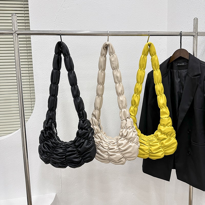 Croissant-Shaped Women's Shoulder Bag, Pleated Cloud Design - Image 3