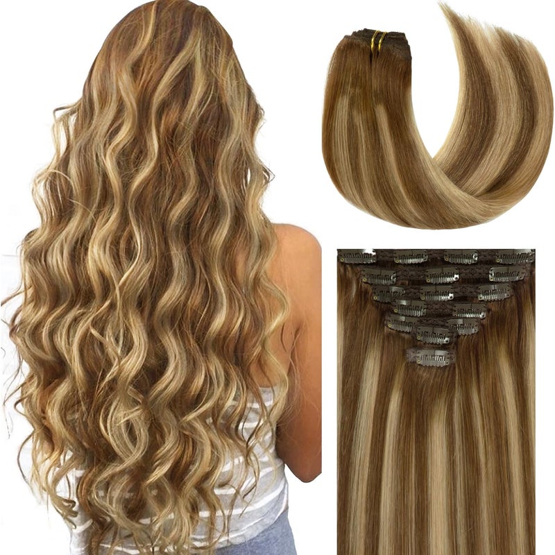 Lacer 18 Inch Highlight Clip in Hair Extensions Chocolate Brown to Caramel Blonde Remy Clip in Human Hair Extensions Straight Balayage Real Natural Hair Extensions 120g 7pcs