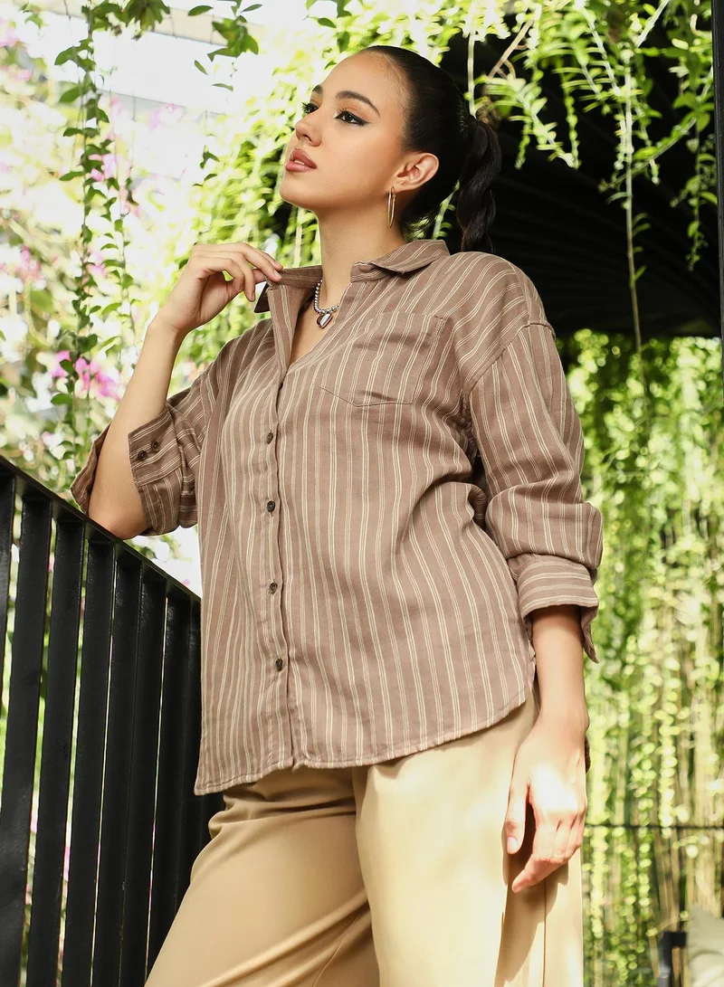 PINACOLADA  Women's Tan Brown Halo-Striped Oversized Shirt for Women | Best Price UAE