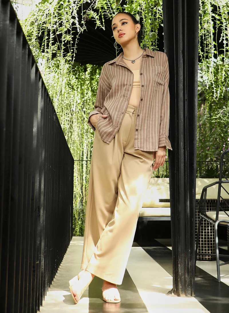 PINACOLADA  Women's Tan Brown Halo-Striped Oversized Shirt for Women | Best Price UAE