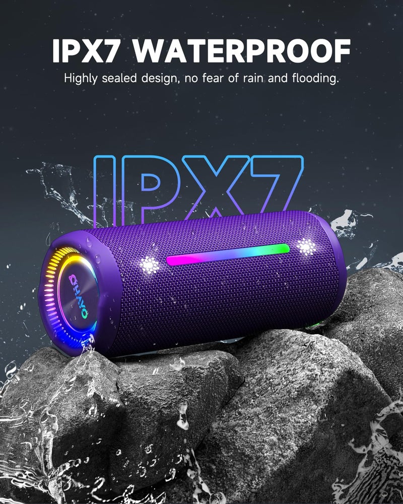 OHAYO Bluetooth Speaker, Portable Wireless, IPX7 Waterproof, Powerful 25W Sound, 24H Playtime, Dual Pairing, Active Bass, Colorful Lights, Bluetooth 5.3, Outdoor Speakers for Home/Party/Beach, Purple - Image 2